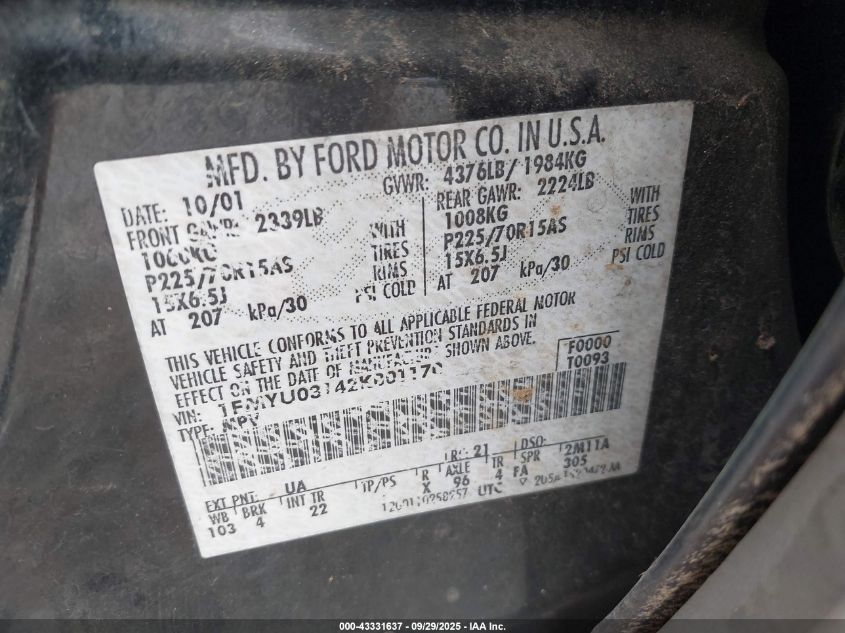 2002 Ford Escape Xlt VIN: 1FMYU03142KB01170 Lot: 43331637