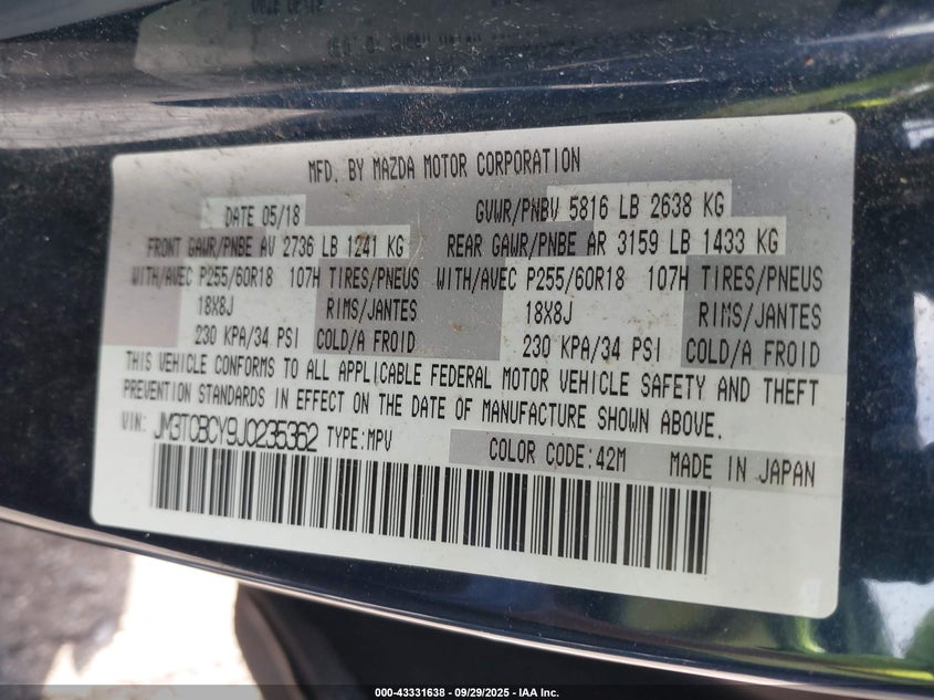 2018 MAZDA CX-9 TOURING - JM3TCBCY9J0235362