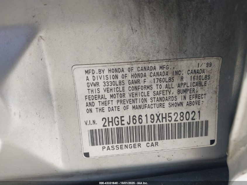 1999 Honda Civic Value Package VIN: 2HGEJ6619XH528021 Lot: 43331648