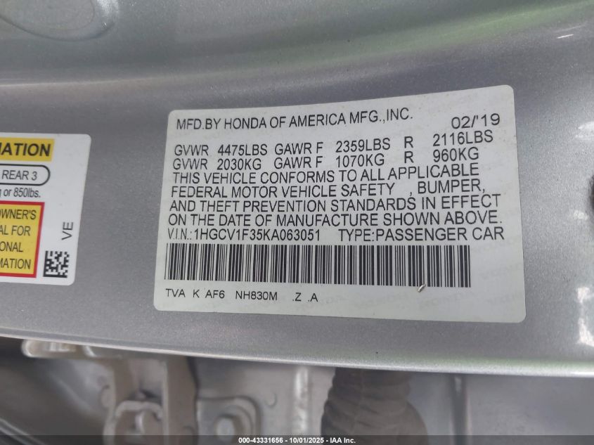2019 Honda Accord Sport VIN: 1HGCV1F35KA063051 Lot: 43331656