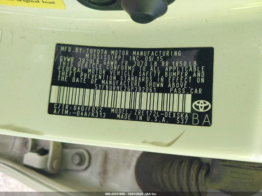 2016 Toyota Corolla S Plus VIN: 5YFBURHE2GP392061 Lot: 43331658