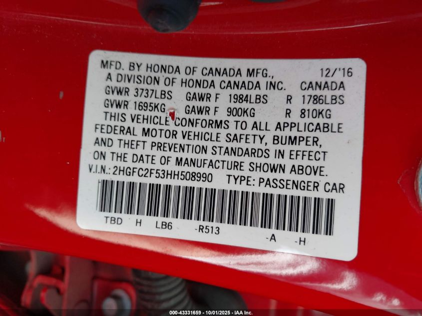 2017 Honda Civic Lx VIN: 2HGFC2F53HH508990 Lot: 43331659