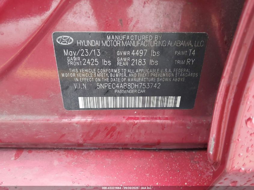 2013 Hyundai Sonata Se 2.0T VIN: 5NPEC4AB8DH753742 Lot: 43331664