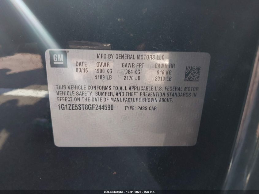 2016 Chevrolet Malibu 1Lt VIN: 1G1ZE5ST8GF244590 Lot: 43331666