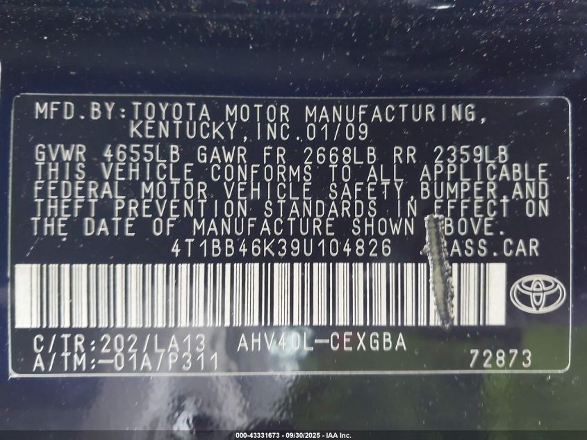 2009 Toyota Camry Hybrid VIN: 4T1BB46K39U104826 Lot: 43331673