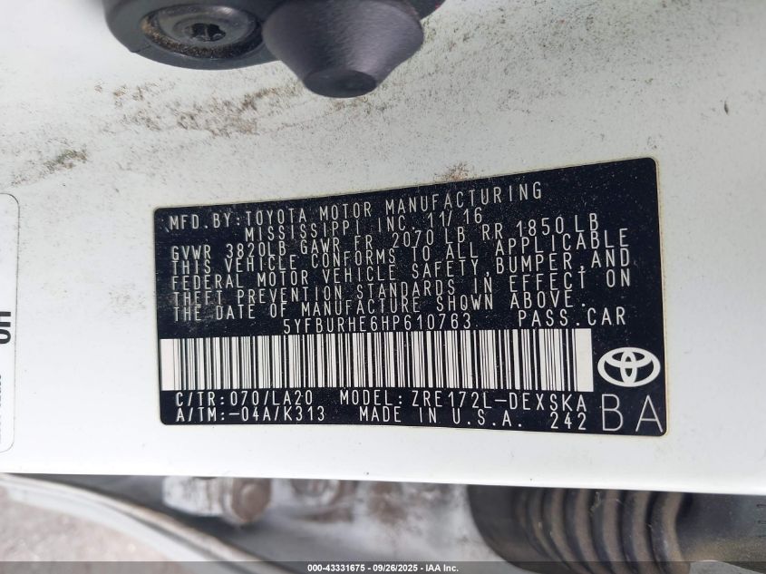 2017 Toyota Corolla Xse VIN: 5YFBURHE6HP610763 Lot: 43331675