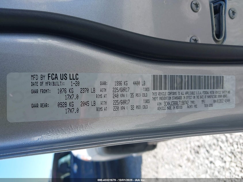 2020 JEEP COMPASS SUN AND WHEEL FWD - 3C4NJCBB8LT198742