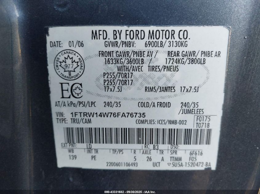 2006 Ford F-150 Xlt VIN: 1FTRW14W76FA76735 Lot: 43331682