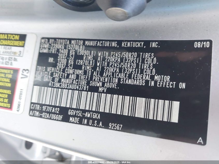 2010 Toyota Venza Base V6 VIN: 4T3BK3BB3AU043781 Lot: 43331692