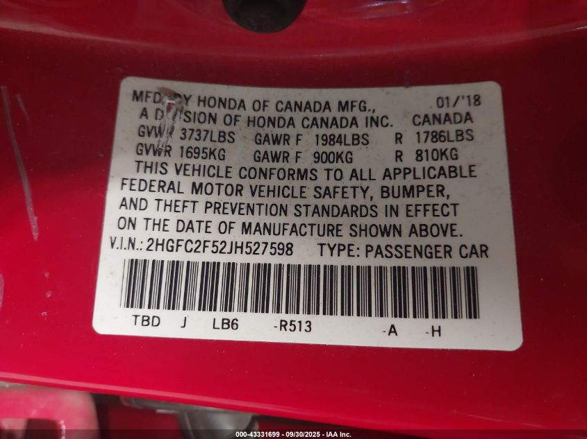 2018 Honda Civic Lx VIN: 2HGFC2F52JH527598 Lot: 43331699