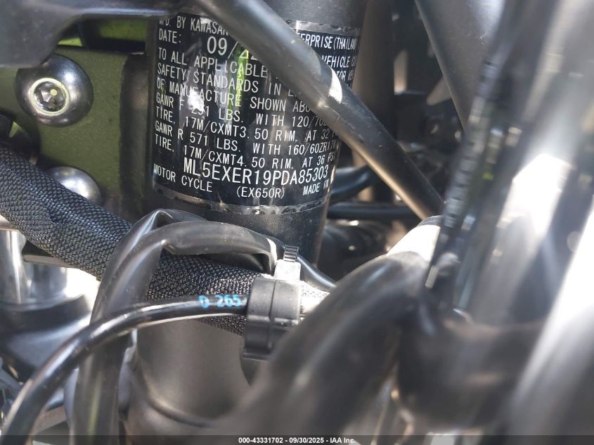 2023 Kawasaki Ex650 R VIN: ML5EXER19PDA85303 Lot: 43331702