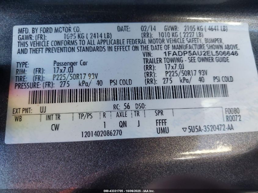 2014 Ford C-Max Hybrid Se VIN: 1FADP5AU2EL506646 Lot: 43331705