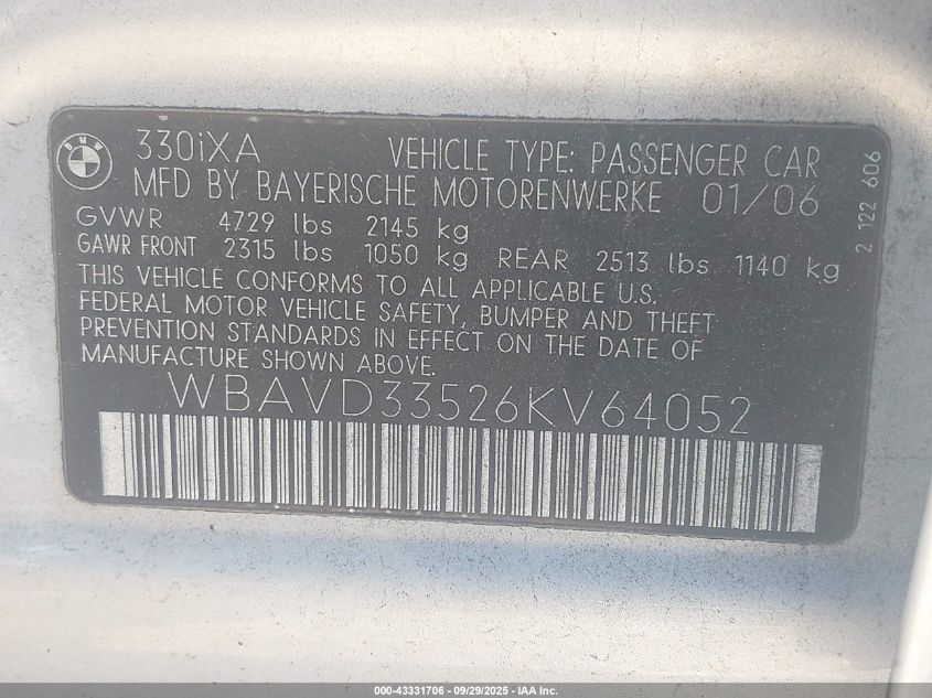 2006 BMW 330Xi VIN: WBAVD33526KV64052 Lot: 43331706