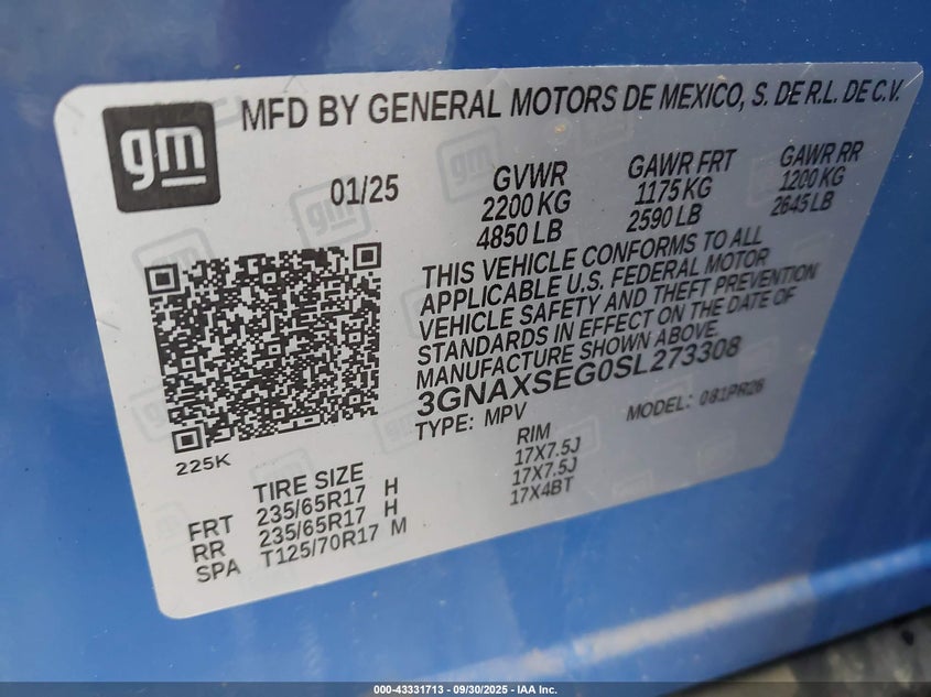 2025 Chevrolet Equinox Awd Activ VIN: 3GNAXSEG0SL273308 Lot: 43331713