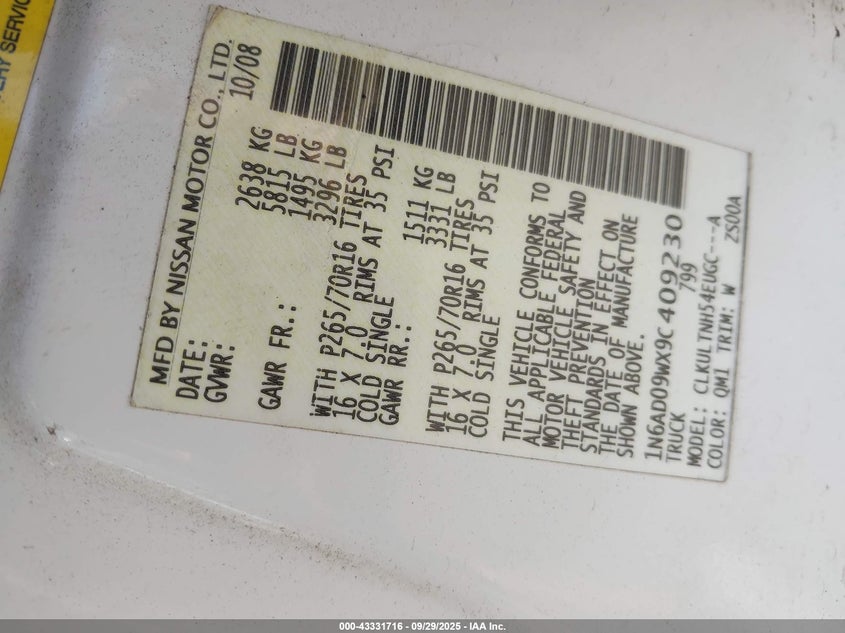 2009 Nissan Frontier Se VIN: 1N6AD09WX9C409230 Lot: 43331716