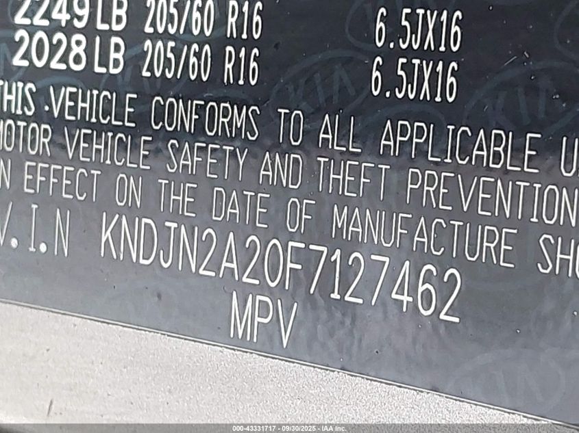 2015 Kia Soul VIN: KNDJN2A20F7127462 Lot: 43331717