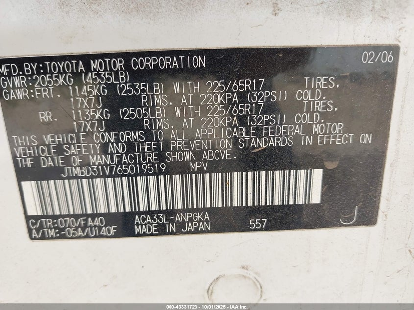 2006 Toyota Rav4 Limited VIN: JTMBD31V765019519 Lot: 43331723