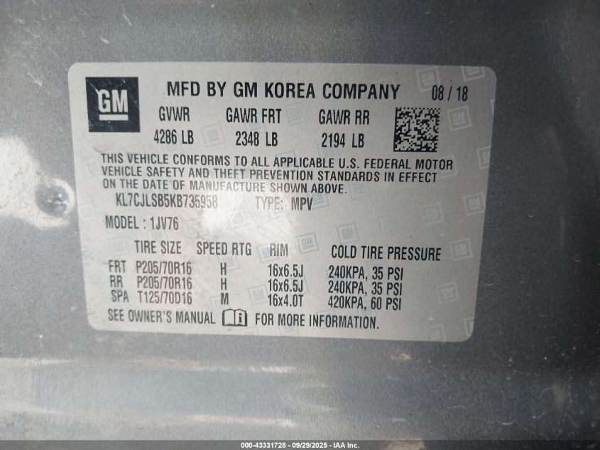 2019 Chevrolet Trax Lt VIN: KL7CJLSB5KB735958 Lot: 43331728