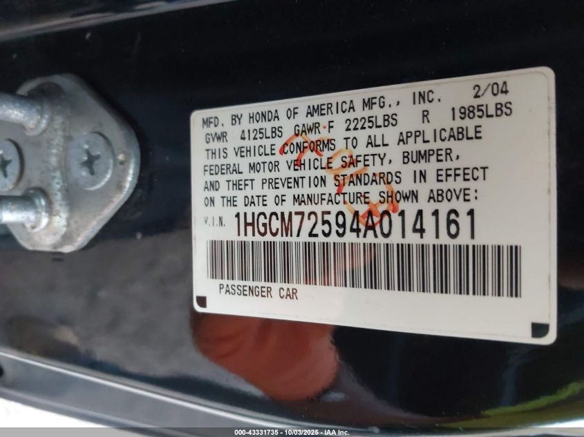 2004 Honda Accord 2.4 Ex VIN: 1HGCM72594A014161 Lot: 43331735