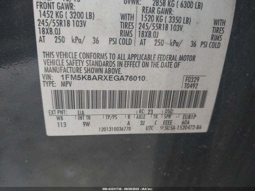 2014 FORD POLICE INTERCEPTOR - 1FM5K8ARXEGA76010