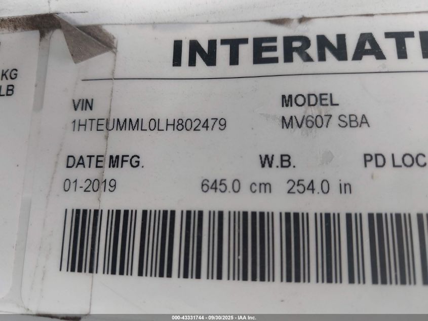 2020 International Mv VIN: 1HTEUMML0LH802479 Lot: 43331744