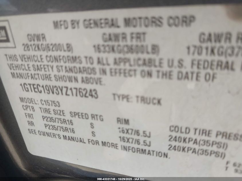 2000 GMC Sierra 1500 Sle VIN: 1GTEC19V3YZ176243 Lot: 43331746