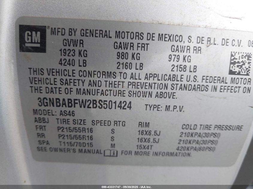 2011 Chevrolet Hhr Lt VIN: 3GNBABFW2BS501424 Lot: 43331747