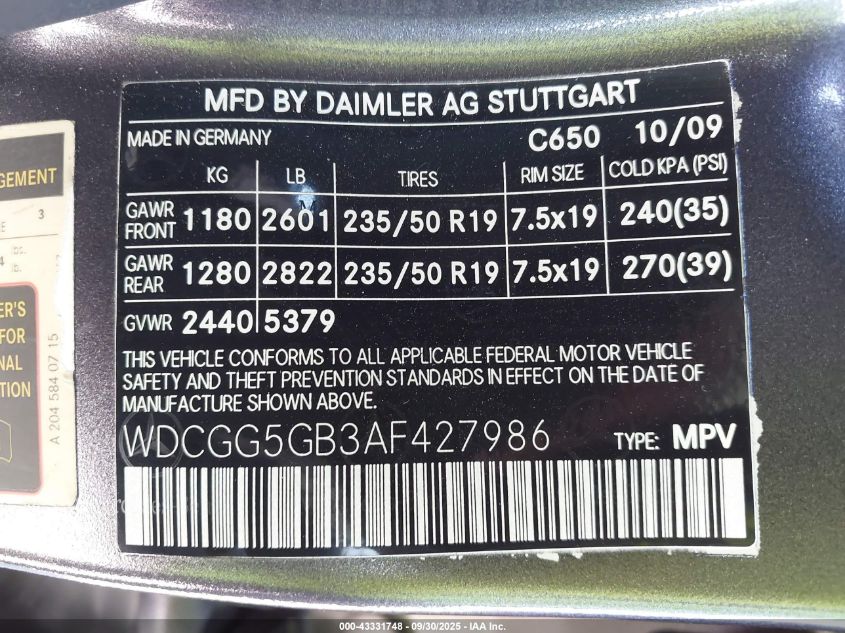 2010 Mercedes-Benz Glk 350 VIN: WDCGG5GB3AF427986 Lot: 43331748