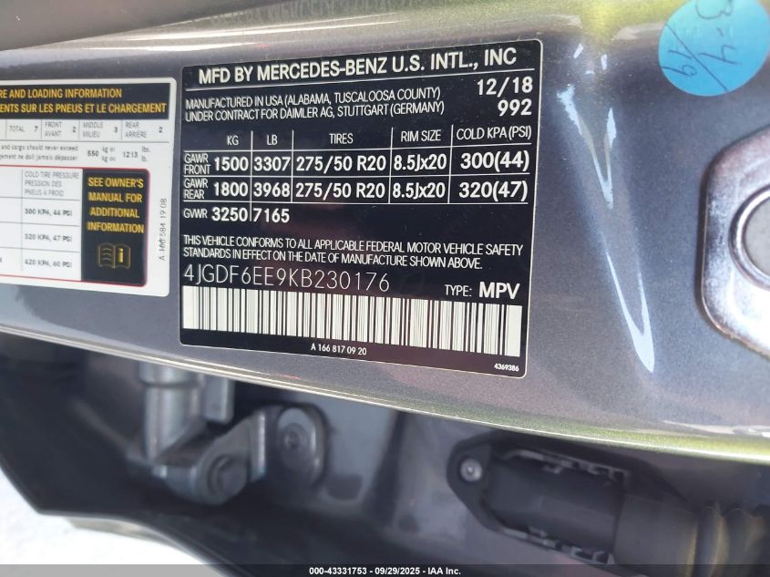 2019 Mercedes-Benz Gls 450 4Matic VIN: 4JGDF6EE9KB230176 Lot: 43331753