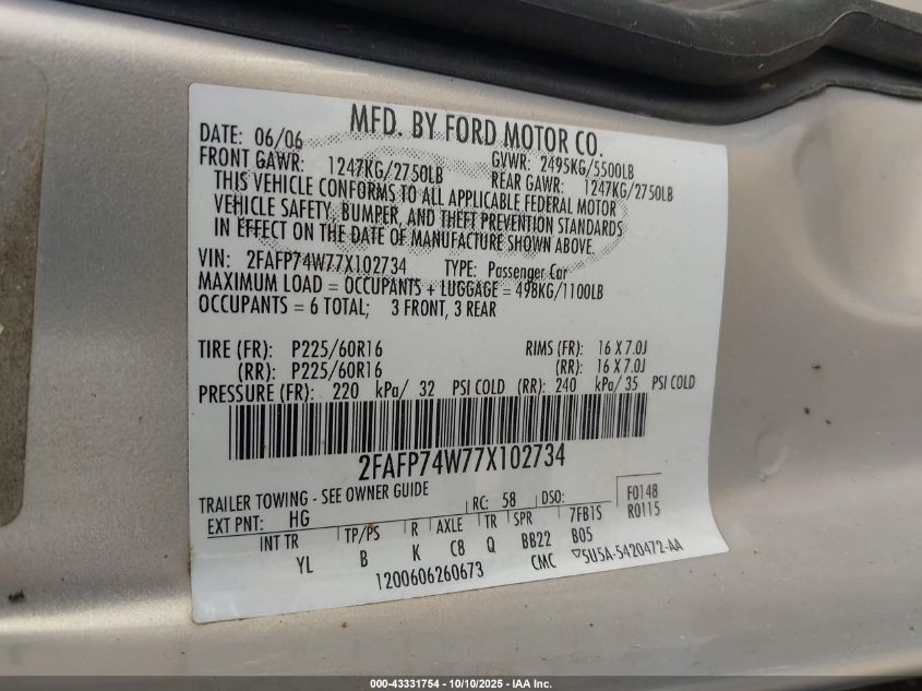 2007 Ford Crown Victoria Lx VIN: 2FAFP74W77X102734 Lot: 43331754