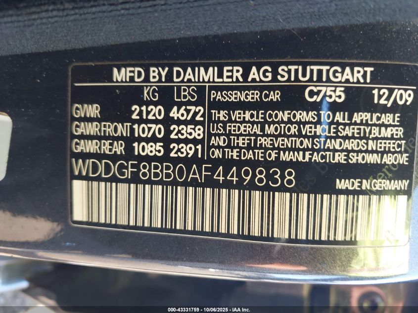 2010 Mercedes-Benz C 300 Luxury 4Matic/Sport 4Matic VIN: WDDGF8BB0AF449838 Lot: 43331759