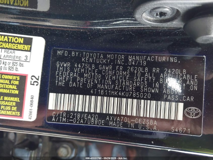 2019 Toyota Camry Se VIN: 4T1B11HK4KU785020 Lot: 43331760