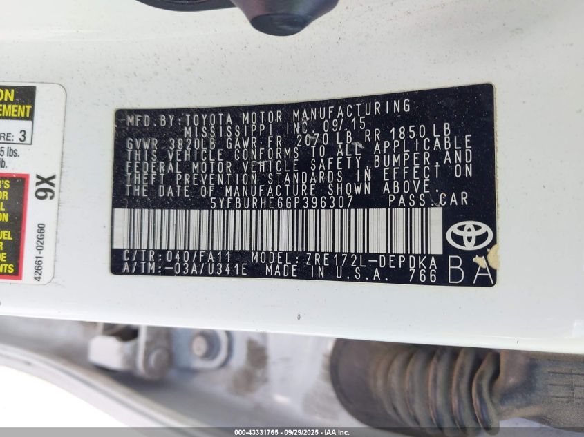 2016 Toyota Corolla L VIN: 5YFBURHE6GP396307 Lot: 43331765