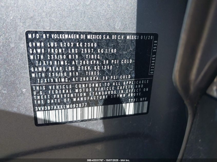 2020 Volkswagen Tiguan 2.0T Se/2.0T Se R-Line Black/2.0T Sel VIN: 3VV3B7AXXLM092877 Lot: 43331767