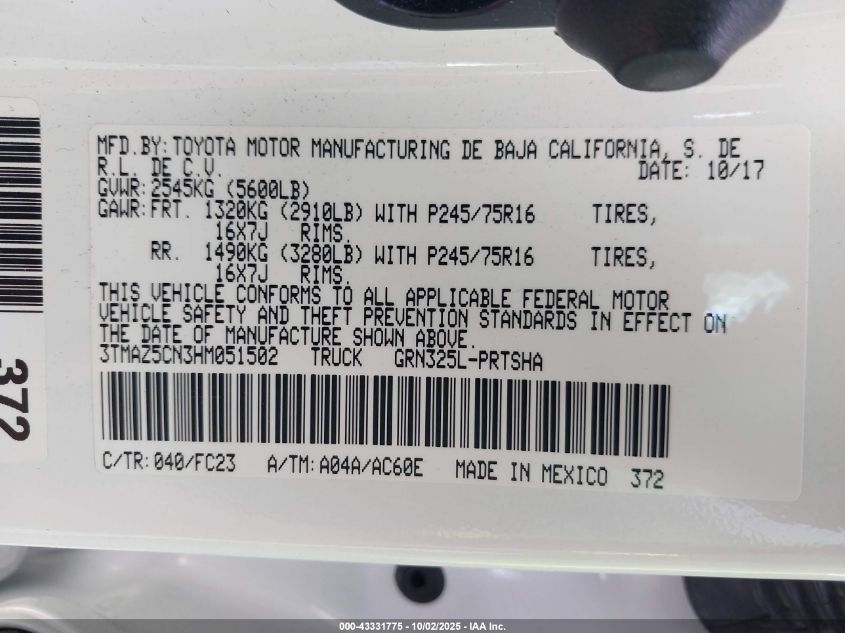 2017 Toyota Tacoma Sr5 V6 VIN: 3TMAZ5CN3HM051502 Lot: 43331775