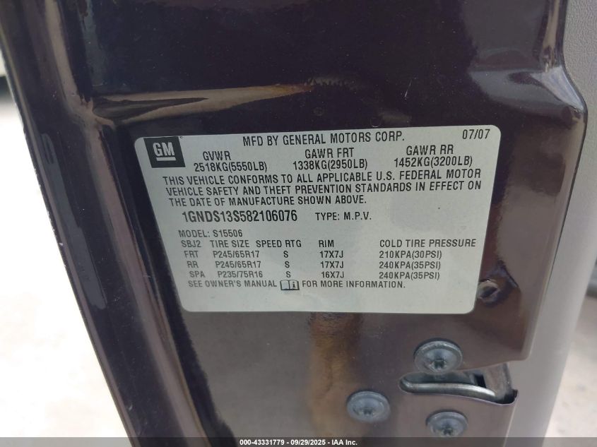 2008 Chevrolet Trailblazer Fleet VIN: 1GNDS13S582106076 Lot: 43331779