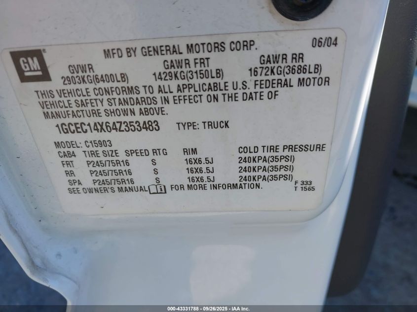 2004 Chevrolet Silverado 1500 Work Truck VIN: 1GCEC14X64Z353483 Lot: 43331788