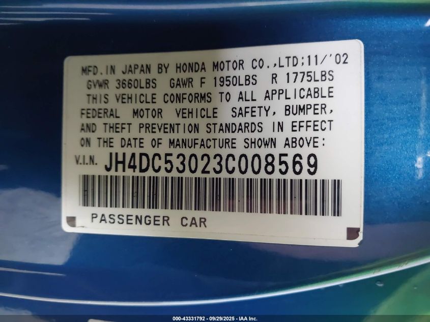 2003 Acura Rsx Type S VIN: JH4DC53023C008569 Lot: 43331792