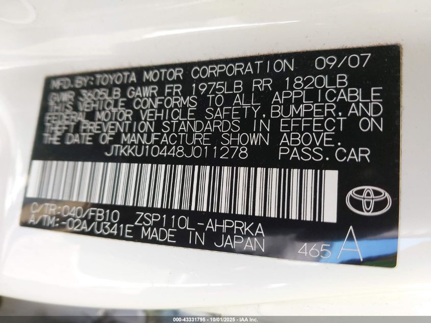 2008 Scion Xd VIN: JTKKU10448J011278 Lot: 43331795