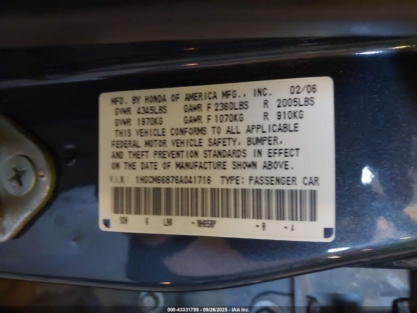 2006 Honda Accord 3.0 Ex VIN: 1HGCM66876A041716 Lot: 43331799