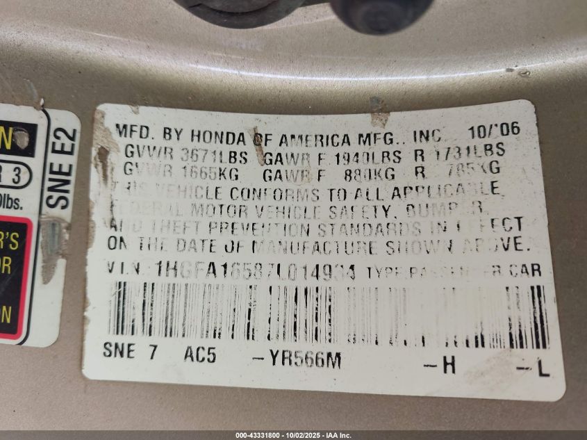 2007 Honda Civic Lx VIN: 1HGFA16587L014934 Lot: 43331800