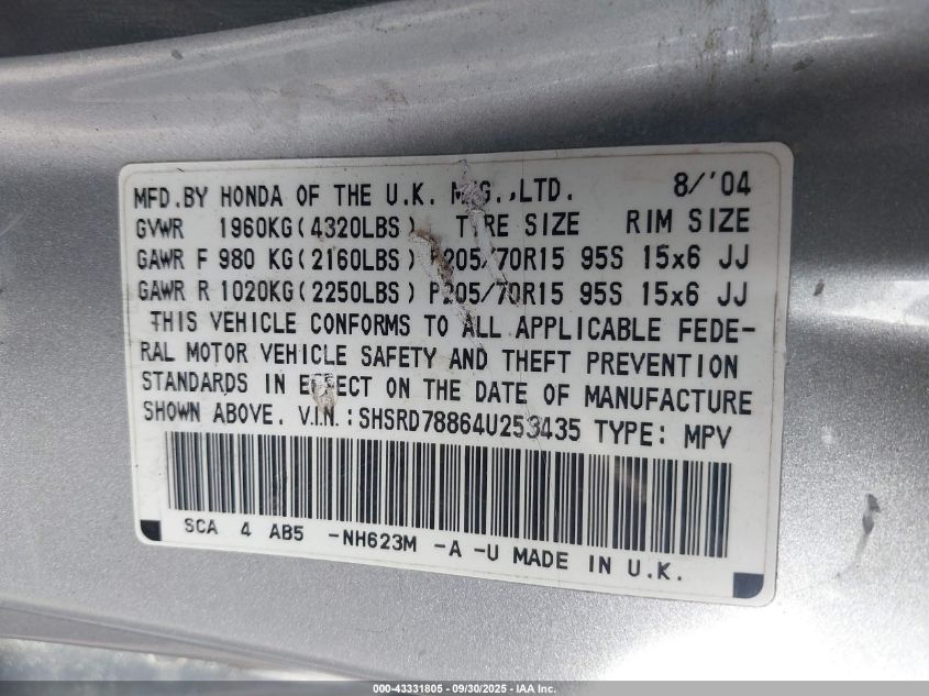 2004 Honda Cr-V Ex VIN: SHSRD78864U253435 Lot: 43331805