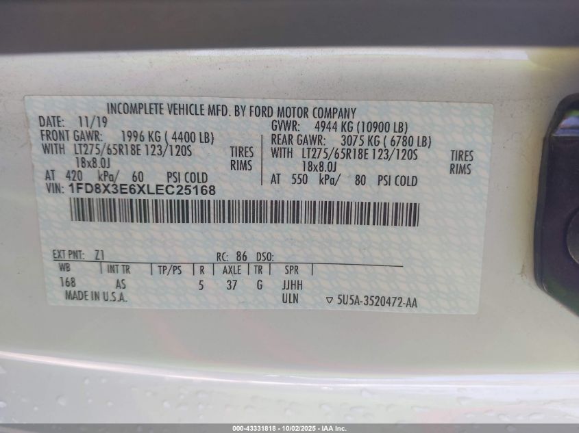 2020 Ford F-350 Chassis Xl VIN: 1FD8X3E6XLEC25168 Lot: 43331818