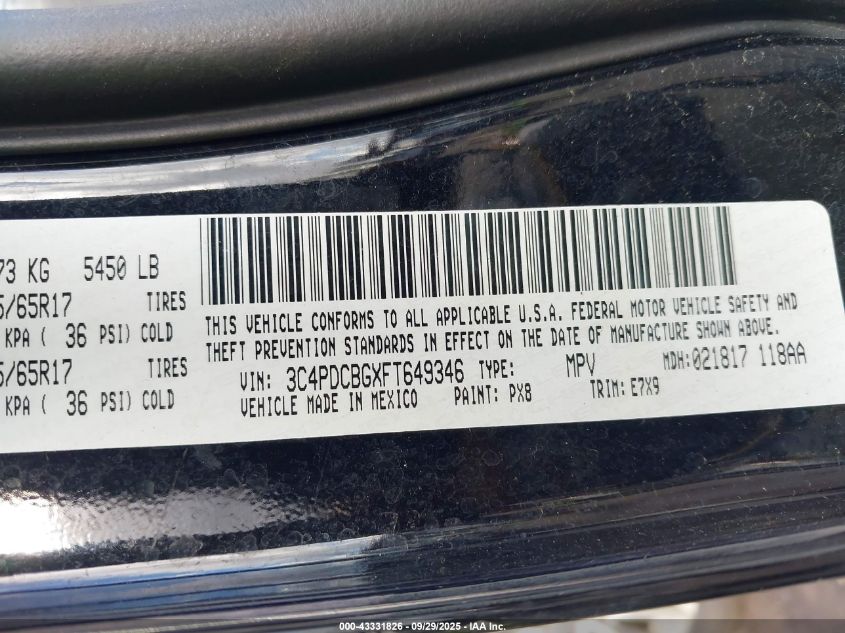 2015 Dodge Journey Sxt VIN: 3C4PDCBGXFT649346 Lot: 43331826