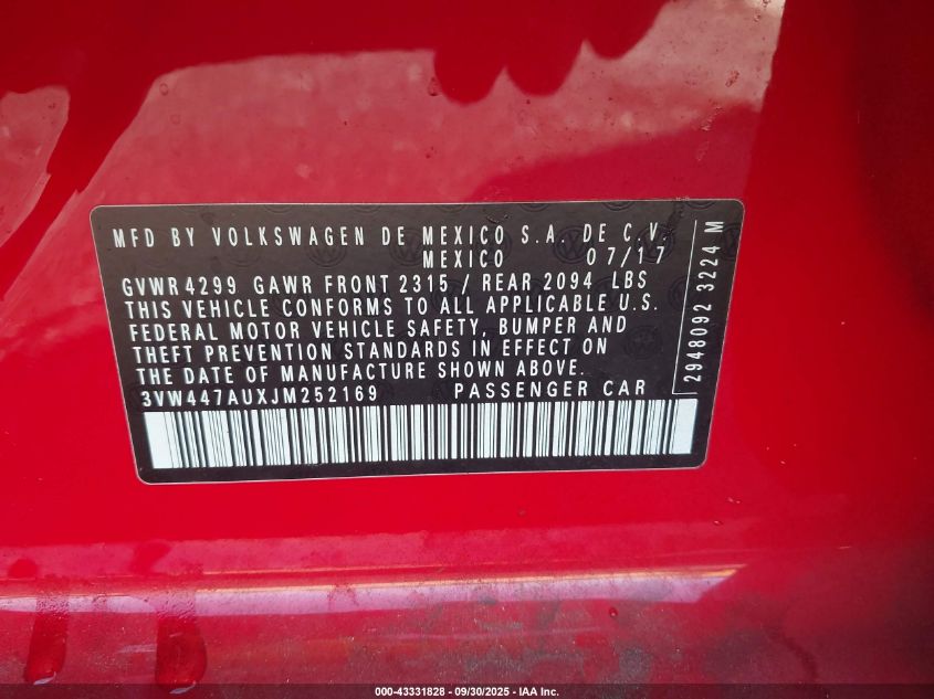 2018 Volkswagen Golf Gti 2.0T Autobahn/2.0T S/2.0T Se VIN: 3VW447AUXJM252169 Lot: 43331828