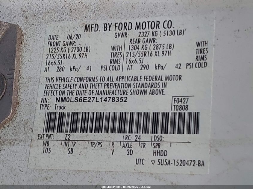 2020 Ford Transit Connect Xl VIN: NM0LS6E27L1478352 Lot: 43331839