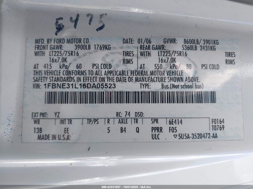 2006 Ford E-350 Super Duty Chateau/Xl/Xlt VIN: 1FBNE31L16DA05523 Lot: 43331857