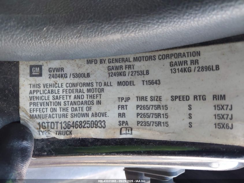 2006 GMC Canyon Sle2 VIN: 1GTDT136468250933 Lot: 43331865