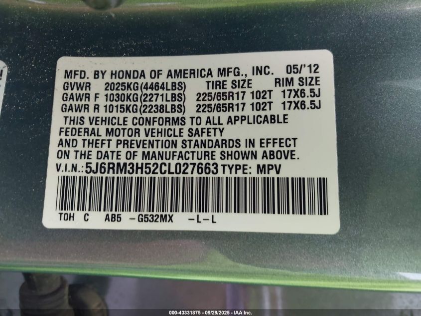 2012 Honda Cr-V Ex VIN: 5J6RM3H52CL027663 Lot: 43331875