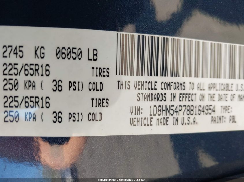 2008 Dodge Grand Caravan Sxt VIN: 1D8HN54P78B164954 Lot: 43331880